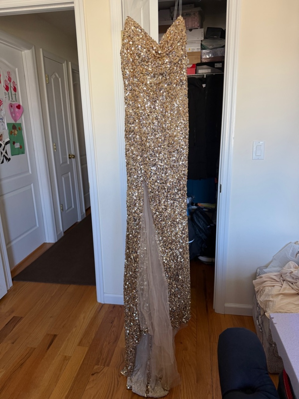 Gold Sequin Strapless Evening Gown with Tulle Slit